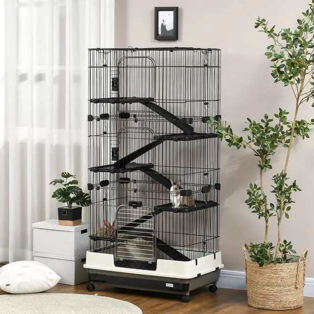 Alt view image 2 of 7 - PawHut 6-Level Small Animal Cage Rabbit Hutch with Wheels, Removable Tray, Platform and Ramp for Bunny, Chinchillas, Ferret, Black | Removable Tray, Platform and Ramp, for Chinchillas, Ferret