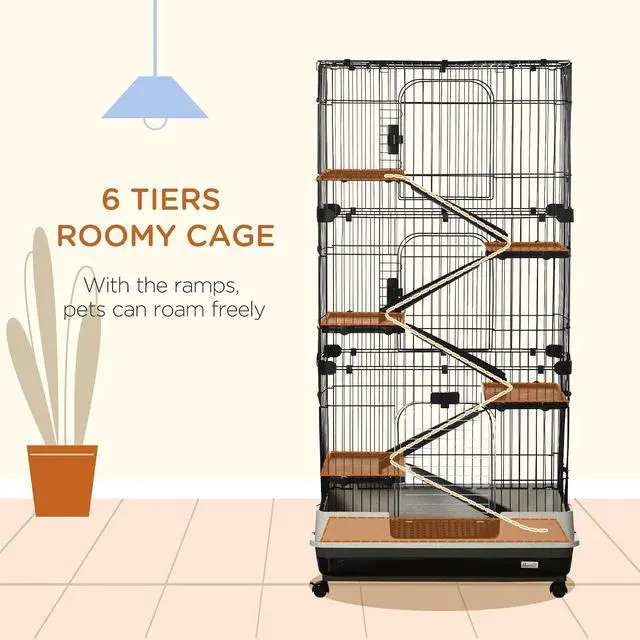 Alt view image 3 of 7 - PawHut 6-Level Small Animal Cage Rabbit Hutch with Wheels, Removable Tray, Platform and Ramp for Bunny, Chinchillas, Ferret, Black | Removable Tray, Platform and Ramp, for Chinchillas, Ferret