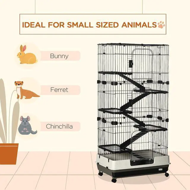 Alt view image 5 of 7 - PawHut 6-Level Small Animal Cage Rabbit Hutch with Wheels, Removable Tray, Platform and Ramp for Bunny, Chinchillas, Ferret, Black | Removable Tray, Platform and Ramp, for Chinchillas, Ferret