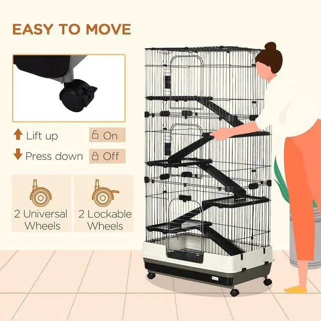 Alt view image 4 of 7 - PawHut 6-Level Small Animal Cage Rabbit Hutch with Wheels, Removable Tray, Platform and Ramp for Bunny, Chinchillas, Ferret, Black | Removable Tray, Platform and Ramp, for Chinchillas, Ferret