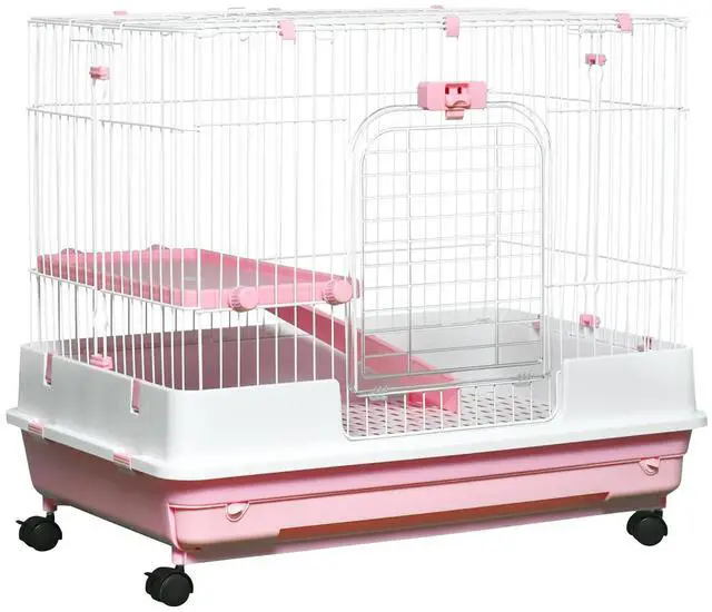 Main image of PawHut 2-Level Small Animal Cage Rabbit Hutch with Wheels for Bunny Pink | Removable Tray, Platform and Ramp, for Chinchillas, Ferret