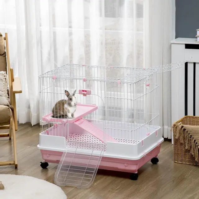 Alt view image 2 of 7 - PawHut 2-Level Small Animal Cage Rabbit Hutch with Wheels for Bunny Pink | Removable Tray, Platform and Ramp, for Chinchillas, Ferret