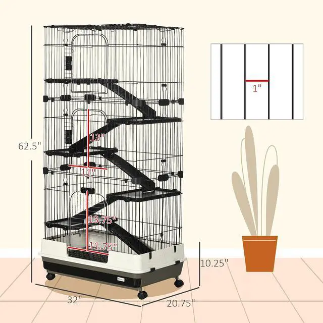 Alt view image 7 of 7 - PawHut 6-Level Small Animal Cage Rabbit Hutch with Wheels, Removable Tray, Platform and Ramp for Bunny, Chinchillas, Ferret, Black | Removable Tray, Platform and Ramp, for Chinchillas, Ferret