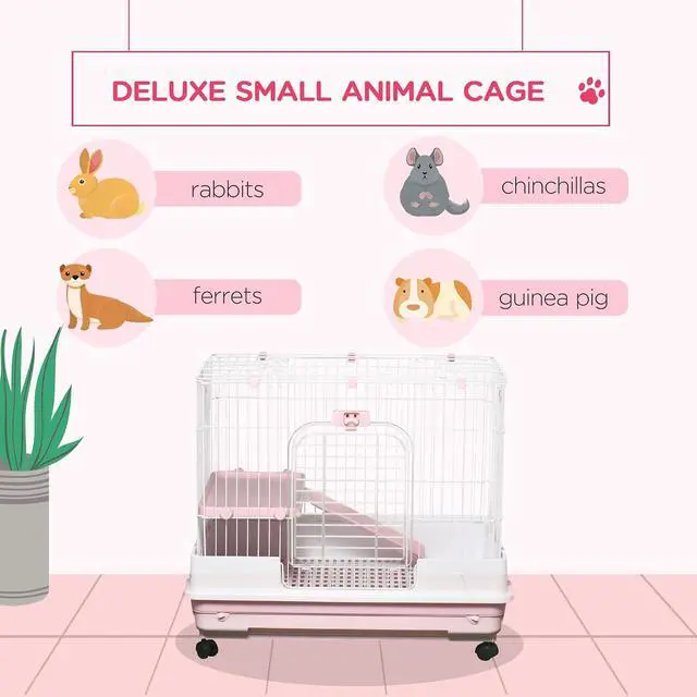 Alt view image 3 of 7 - PawHut 2-Level Small Animal Cage Rabbit Hutch with Wheels for Bunny Pink | Removable Tray, Platform and Ramp, for Chinchillas, Ferret