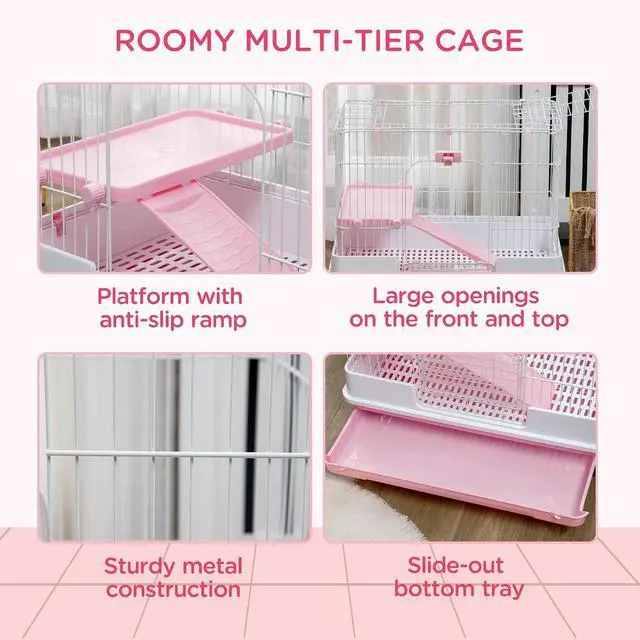 Alt view image 4 of 7 - PawHut 2-Level Small Animal Cage Rabbit Hutch with Wheels for Bunny Pink | Removable Tray, Platform and Ramp, for Chinchillas, Ferret