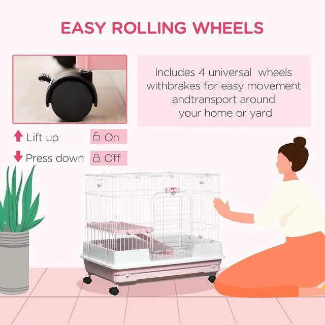 Alt view image 5 of 7 - PawHut 2-Level Small Animal Cage Rabbit Hutch with Wheels for Bunny Pink | Removable Tray, Platform and Ramp, for Chinchillas, Ferret