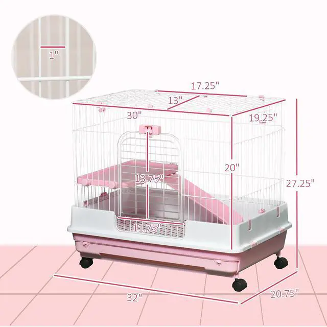 Alt view image 7 of 7 - PawHut 2-Level Small Animal Cage Rabbit Hutch with Wheels for Bunny Pink | Removable Tray, Platform and Ramp, for Chinchillas, Ferret