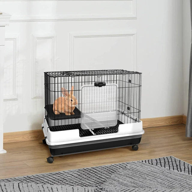 Alt view image 2 of 7 - PawHut 2-Level Small Animal Cage Rabbit Hutch with Wheels for Bunny Black | Removable Tray, Platform and Ramp, for Chinchillas, Ferret