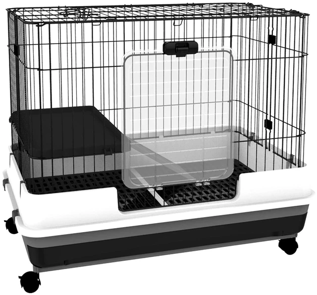 Main image of PawHut 2-Level Small Animal Cage Rabbit Hutch with Wheels for Bunny Black | Removable Tray, Platform and Ramp, for Chinchillas, Ferret