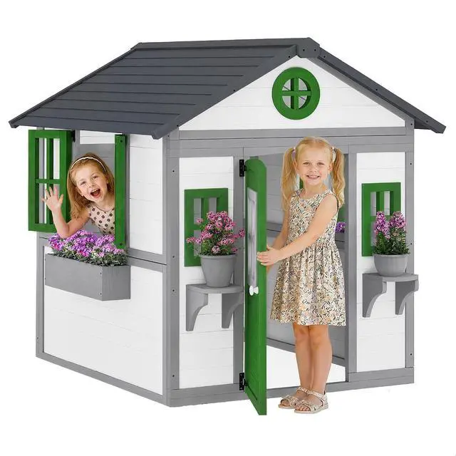 Main image of Outdoor Kids Playhouse with Dutch Door for Toddlers 3-8 White | Wooden, Windows, Flower Holders and Boxes, Cottage Play House, Backyard