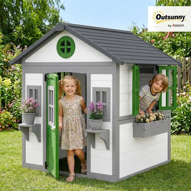 Alt view image 2 of 7 - Outdoor Kids Playhouse with Dutch Door for Toddlers 3-8 White | Wooden, Windows, Flower Holders and Boxes, Cottage Play House, Backyard