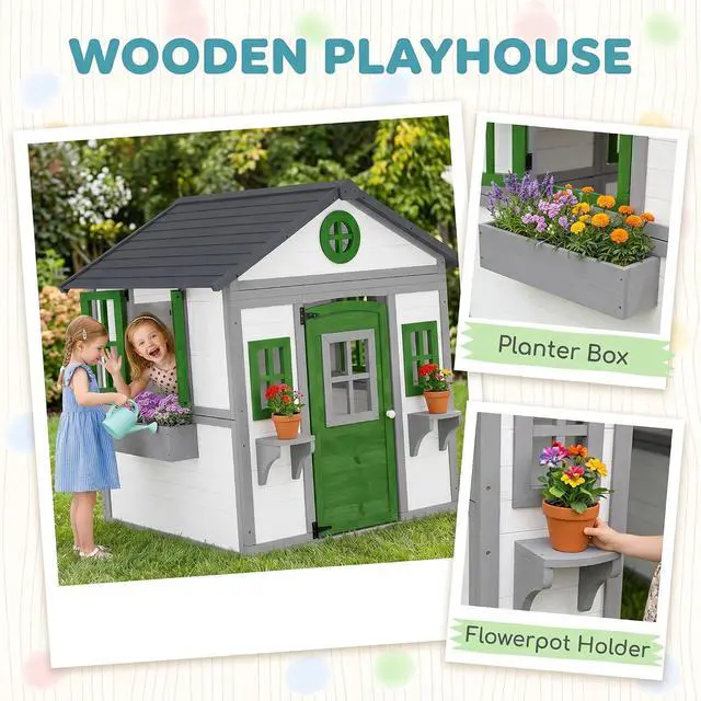 Alt view image 3 of 7 - Outdoor Kids Playhouse with Dutch Door for Toddlers 3-8 White | Wooden, Windows, Flower Holders and Boxes, Cottage Play House, Backyard