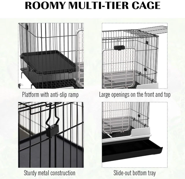 Alt view image 4 of 7 - PawHut 2-Level Small Animal Cage Rabbit Hutch with Wheels for Bunny Black | Removable Tray, Platform and Ramp, for Chinchillas, Ferret