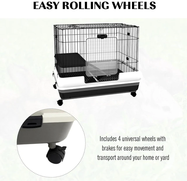 Alt view image 5 of 7 - PawHut 2-Level Small Animal Cage Rabbit Hutch with Wheels for Bunny Black | Removable Tray, Platform and Ramp, for Chinchillas, Ferret