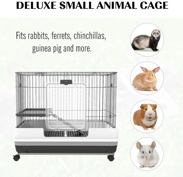 Alt view image 3 of 7 - PawHut 2-Level Small Animal Cage Rabbit Hutch with Wheels for Bunny Black | Removable Tray, Platform and Ramp, for Chinchillas, Ferret