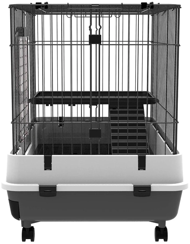 Alt view image 6 of 7 - PawHut 2-Level Small Animal Cage Rabbit Hutch with Wheels for Bunny Black | Removable Tray, Platform and Ramp, for Chinchillas, Ferret