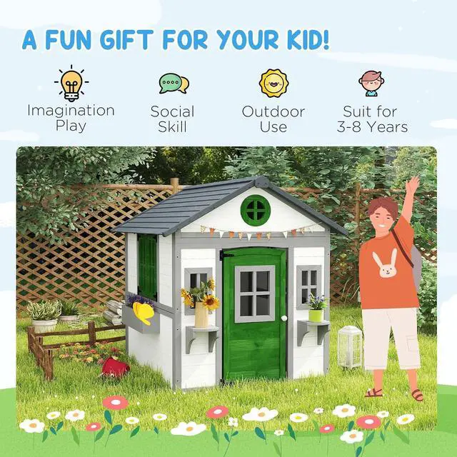 Alt view image 5 of 7 - Outdoor Kids Playhouse with Dutch Door for Toddlers 3-8 White | Wooden, Windows, Flower Holders and Boxes, Cottage Play House, Backyard