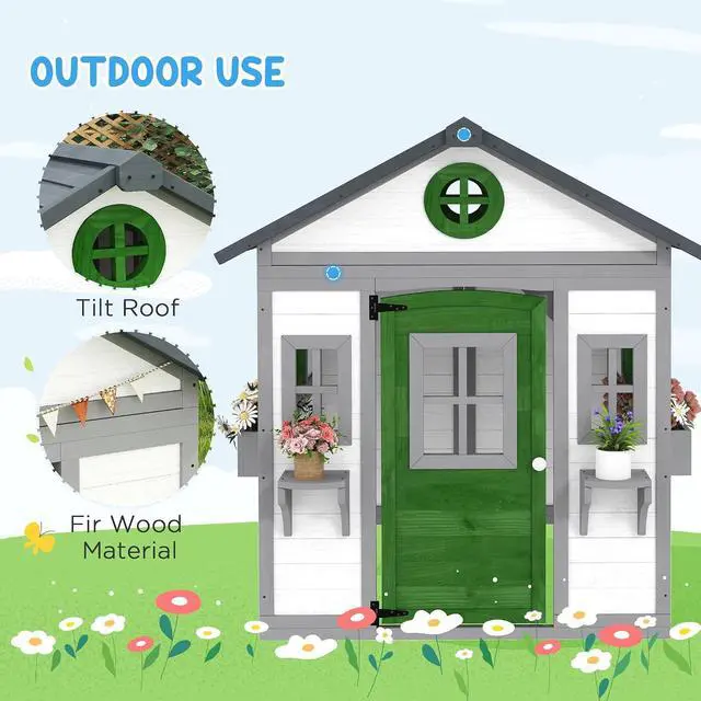 Alt view image 4 of 7 - Outdoor Kids Playhouse with Dutch Door for Toddlers 3-8 White | Wooden, Windows, Flower Holders and Boxes, Cottage Play House, Backyard