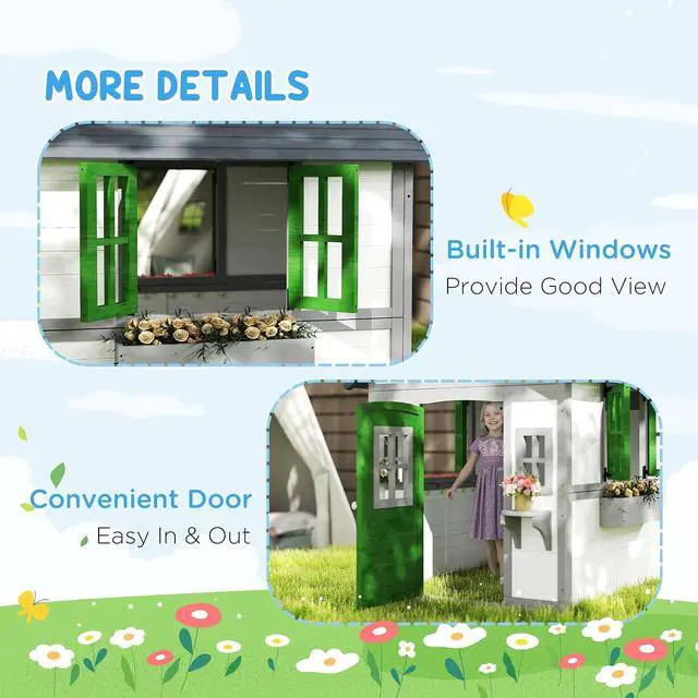 Alt view image 6 of 7 - Outdoor Kids Playhouse with Dutch Door for Toddlers 3-8 White | Wooden, Windows, Flower Holders and Boxes, Cottage Play House, Backyard
