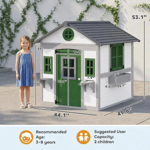Alt view image 7 of 7 - Outdoor Kids Playhouse with Dutch Door for Toddlers 3-8 White | Wooden, Windows, Flower Holders and Boxes, Cottage Play House, Backyard