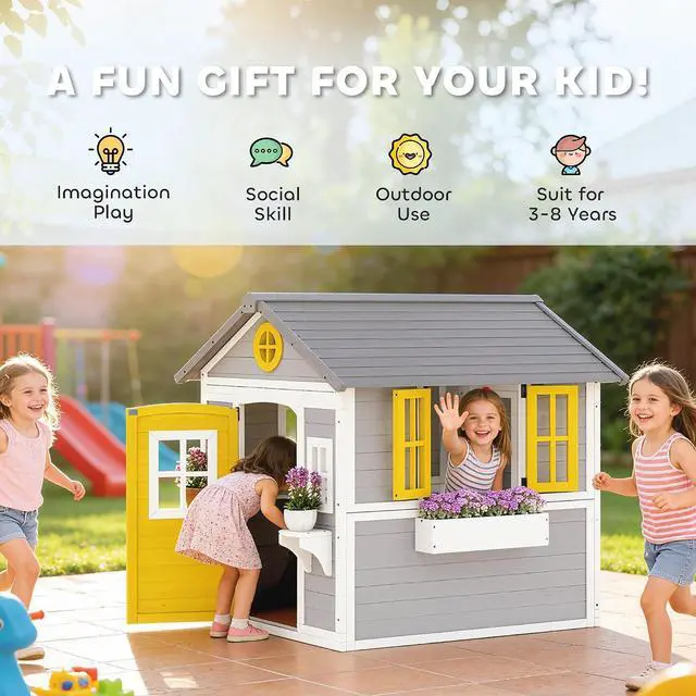 Alt view image 5 of 7 - Outdoor Kids Playhouse with Dutch Door for Toddlers 3-8 Gray | Wooden, Windows, Flower Holders and Boxes, Cottage Play House, Backyard