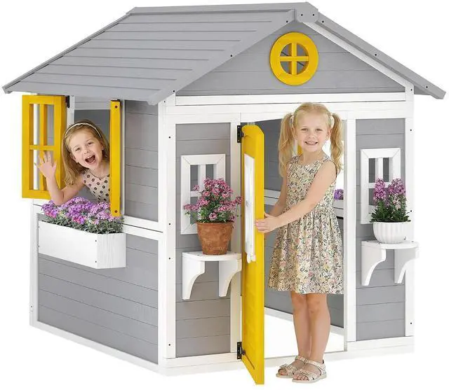 Main image of Outdoor Kids Playhouse with Dutch Door for Toddlers 3-8 Gray | Wooden, Windows, Flower Holders and Boxes, Cottage Play House, Backyard