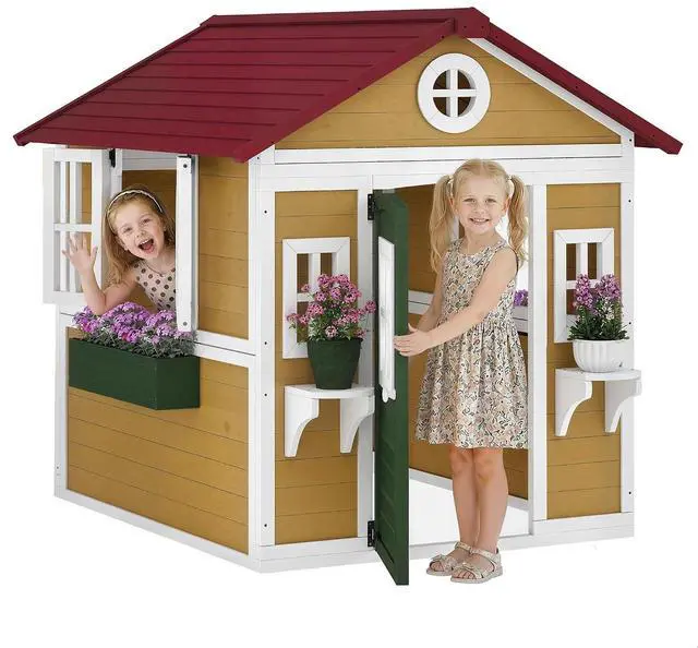 Main image of Outdoor Kids Playhouse with Dutch Door for Toddlers 3-8, Beige | Wooden, Windows, Flower Holders and Boxes, Cottage Play House, Backyard