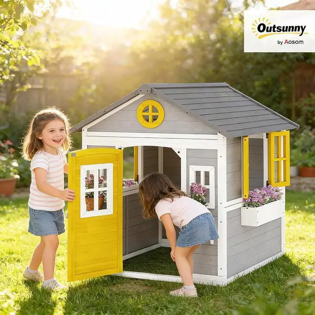 Alt view image 2 of 7 - Outdoor Kids Playhouse with Dutch Door for Toddlers 3-8 Gray | Wooden, Windows, Flower Holders and Boxes, Cottage Play House, Backyard