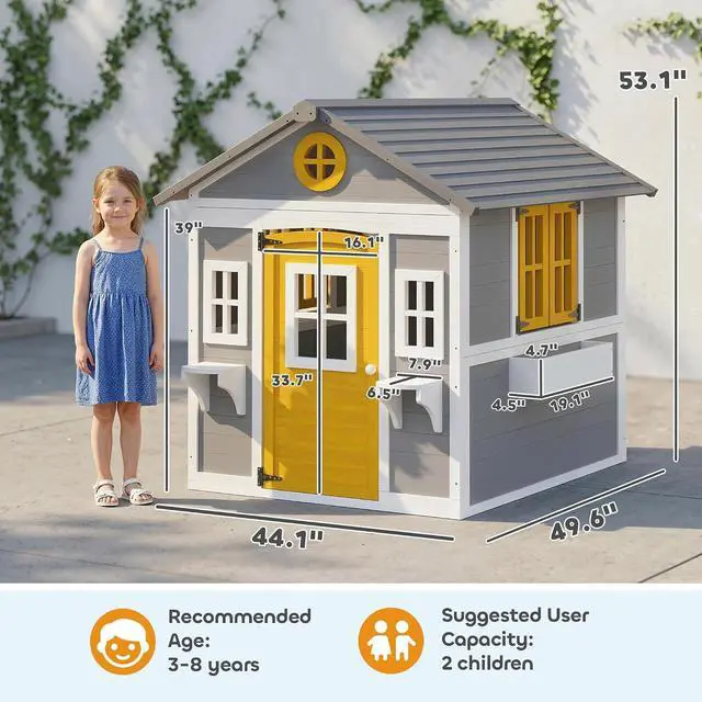 Alt view image 7 of 7 - Outdoor Kids Playhouse with Dutch Door for Toddlers 3-8 Gray | Wooden, Windows, Flower Holders and Boxes, Cottage Play House, Backyard