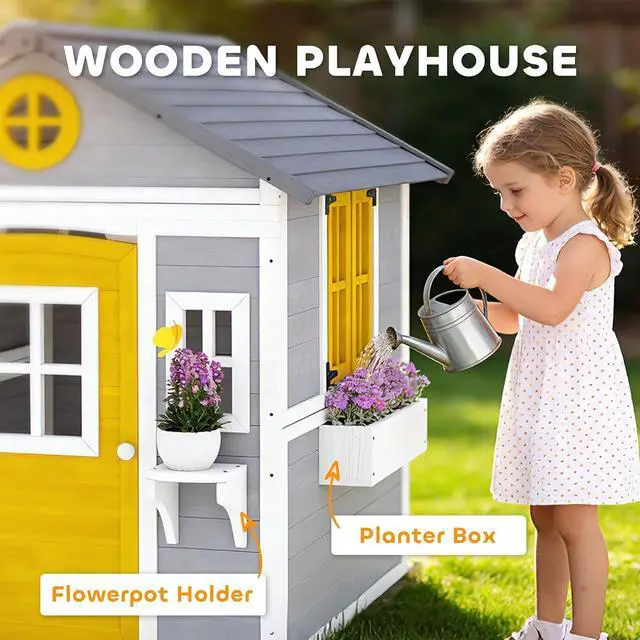 Alt view image 3 of 7 - Outdoor Kids Playhouse with Dutch Door for Toddlers 3-8 Gray | Wooden, Windows, Flower Holders and Boxes, Cottage Play House, Backyard