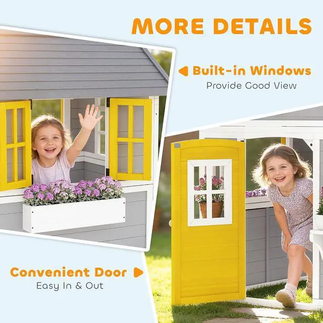 Alt view image 6 of 7 - Outdoor Kids Playhouse with Dutch Door for Toddlers 3-8 Gray | Wooden, Windows, Flower Holders and Boxes, Cottage Play House, Backyard