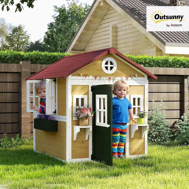 Alt view image 2 of 7 - Outdoor Kids Playhouse with Dutch Door for Toddlers 3-8, Beige | Wooden, Windows, Flower Holders and Boxes, Cottage Play House, Backyard
