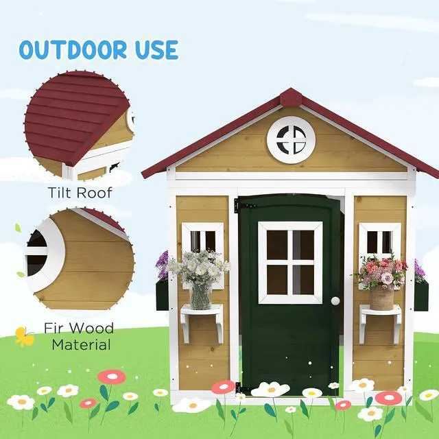 Alt view image 4 of 7 - Outdoor Kids Playhouse with Dutch Door for Toddlers 3-8, Beige | Wooden, Windows, Flower Holders and Boxes, Cottage Play House, Backyard