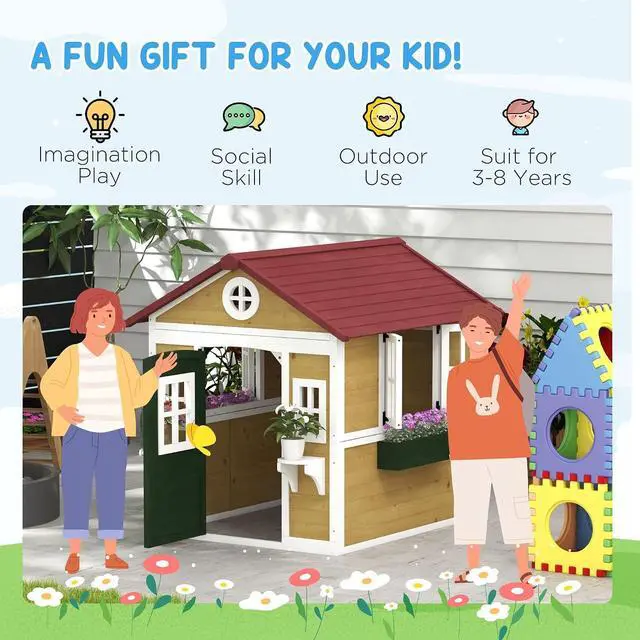 Alt view image 5 of 7 - Outdoor Kids Playhouse with Dutch Door for Toddlers 3-8, Beige | Wooden, Windows, Flower Holders and Boxes, Cottage Play House, Backyard