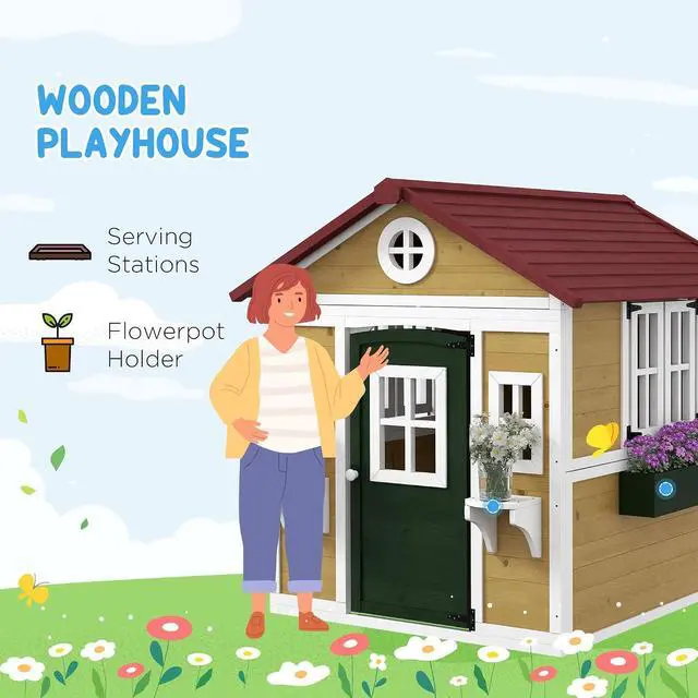 Alt view image 3 of 7 - Outdoor Kids Playhouse with Dutch Door for Toddlers 3-8, Beige | Wooden, Windows, Flower Holders and Boxes, Cottage Play House, Backyard