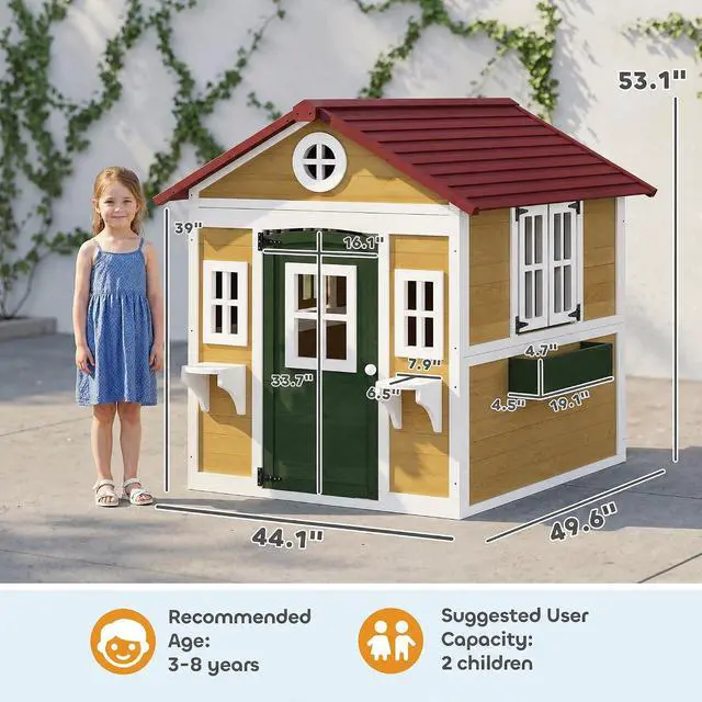 Alt view image 7 of 7 - Outdoor Kids Playhouse with Dutch Door for Toddlers 3-8, Beige | Wooden, Windows, Flower Holders and Boxes, Cottage Play House, Backyard