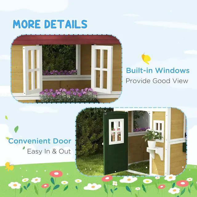 Alt view image 6 of 7 - Outdoor Kids Playhouse with Dutch Door for Toddlers 3-8, Beige | Wooden, Windows, Flower Holders and Boxes, Cottage Play House, Backyard
