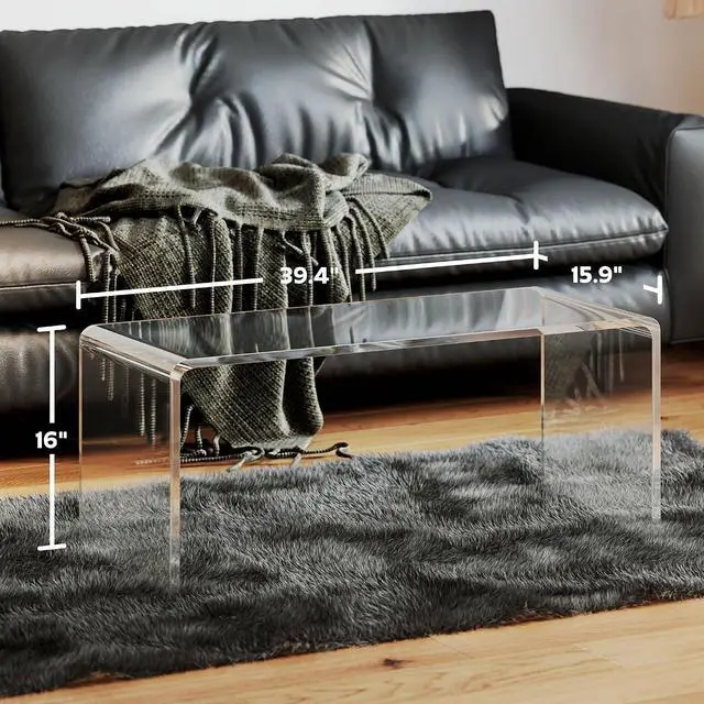Alt view image 3 of 7 - 39" Acrylic Coffee Table 0.6" Thick Center Table Modern Clear | Rectangle Waterfall Design, for Living Room, No Assembly Required