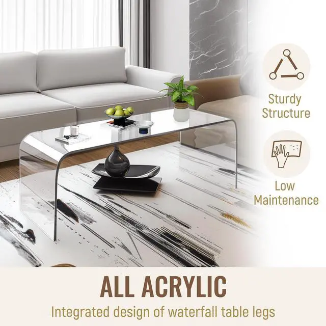 Alt view image 5 of 7 - 39" Acrylic Coffee Table 0.6" Thick Center Table Modern Clear | Rectangle Waterfall Design, for Living Room, No Assembly Required