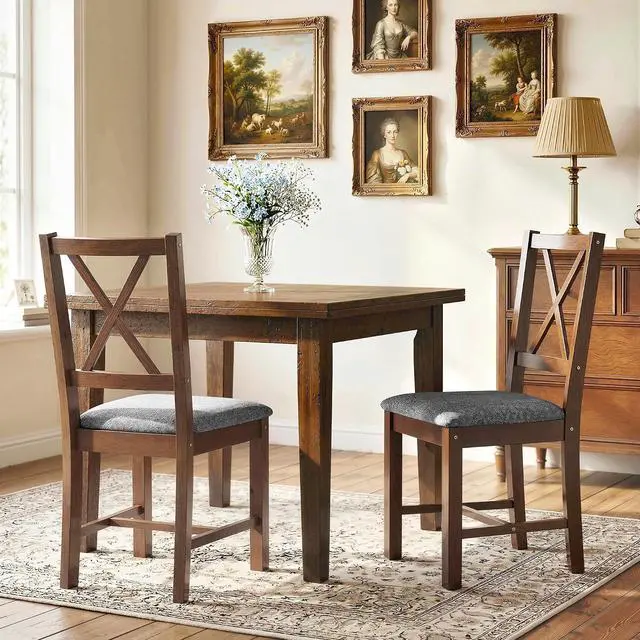 Main image of Wooden Dining Chairs Set of 2 with X-Back, Farmhouse, Walnut | Upholstered Kitchen Chairs, Rubberwood Legs and Padded Seat for Dining Room, Living Room