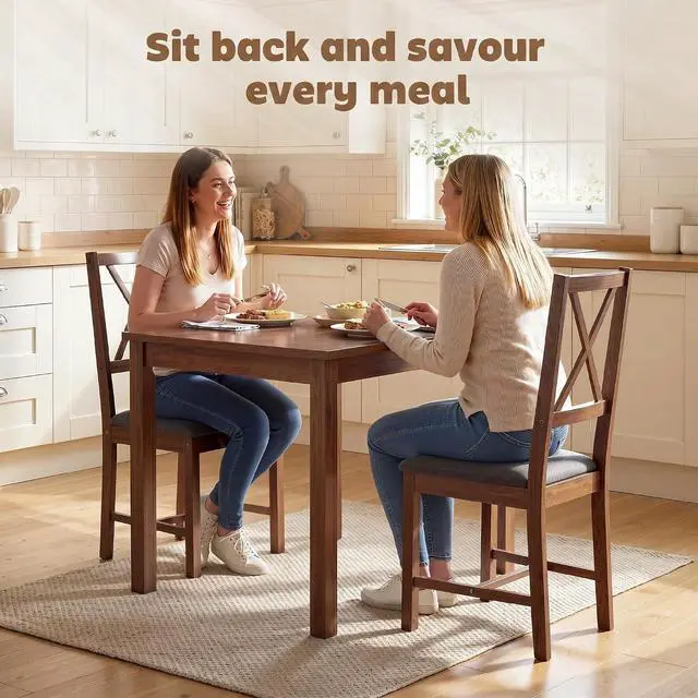 Alt view image 3 of 7 - Wooden Dining Chairs Set of 2 with X-Back, Farmhouse, Walnut | Upholstered Kitchen Chairs, Rubberwood Legs and Padded Seat for Dining Room, Living Room