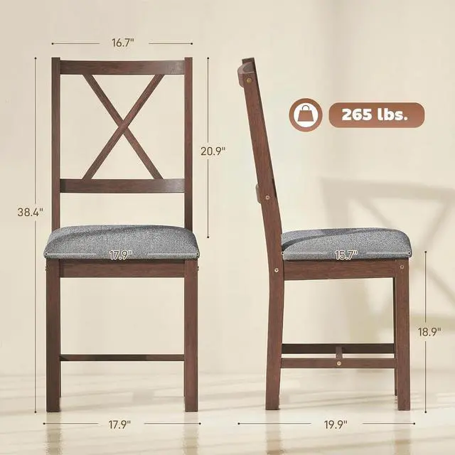 Alt view image 2 of 7 - Wooden Dining Chairs Set of 2 with X-Back, Farmhouse, Walnut | Upholstered Kitchen Chairs, Rubberwood Legs and Padded Seat for Dining Room, Living Room