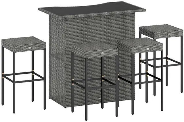 Main image of 5 Piece Wicker Outdoor Bar Set with Glass Table Top Dark Gray | High Top Outdoor Table and Chairs, Height Patio Set, 2 Tier Storage Shelf, 4 Bar Stools, for Garden, Poolside