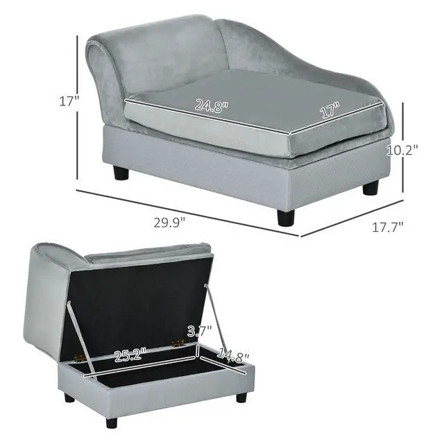 Alt view image 7 of 7 - PawHut Luxury Fancy Dog Couch with Hidden Storage for Puppies, Gray | Small Dog Sofa Bed with 2" Soft Foam, Modern Pet Furniture for Little Breeds