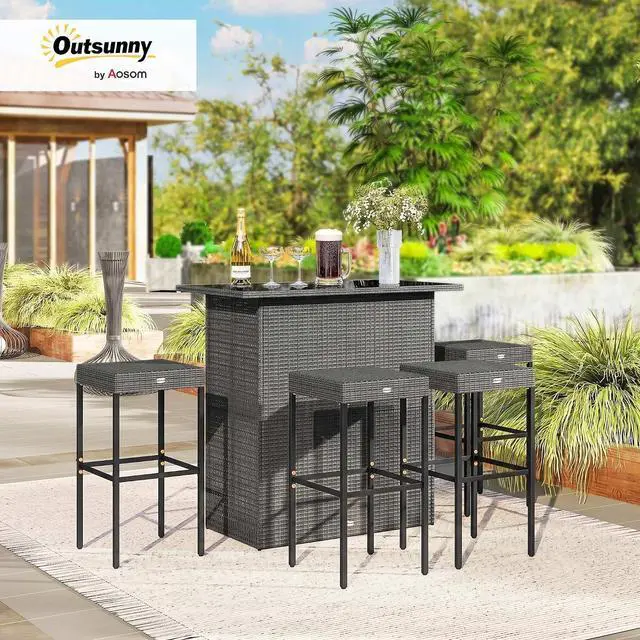 Alt view image 2 of 7 - 5 Piece Wicker Outdoor Bar Set with Glass Table Top Dark Gray | High Top Outdoor Table and Chairs, Height Patio Set, 2 Tier Storage Shelf, 4 Bar Stools, for Garden, Poolside