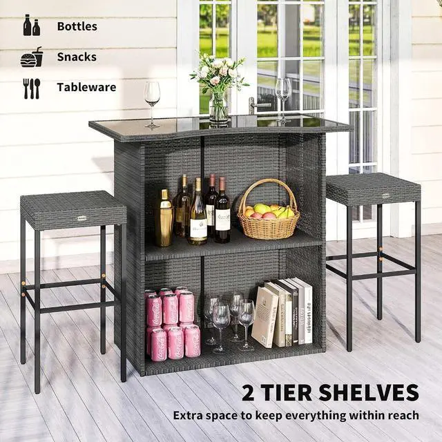 Alt view image 3 of 7 - 5 Piece Wicker Outdoor Bar Set with Glass Table Top Dark Gray | High Top Outdoor Table and Chairs, Height Patio Set, 2 Tier Storage Shelf, 4 Bar Stools, for Garden, Poolside