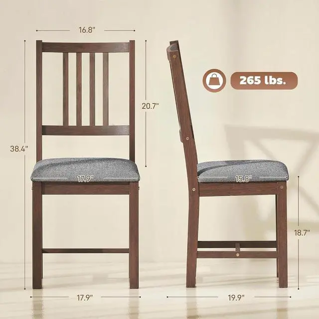 Alt view image 2 of 7 - Wooden Dining Chairs Set of 4 with Slat Backrest, Farmhouse, Walnut | Upholstered Kitchen Chairs, Rubberwood Legs and Padded Seat for Dining Room, Living Room