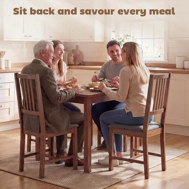 Alt view image 3 of 7 - Wooden Dining Chairs Set of 4 with Slat Backrest, Farmhouse, Walnut | Upholstered Kitchen Chairs, Rubberwood Legs and Padded Seat for Dining Room, Living Room