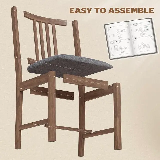 Alt view image 7 of 7 - Wooden Dining Chairs Set of 4 with Slat Backrest, Farmhouse, Walnut | Upholstered Kitchen Chairs, Rubberwood Legs and Padded Seat for Dining Room, Living Room
