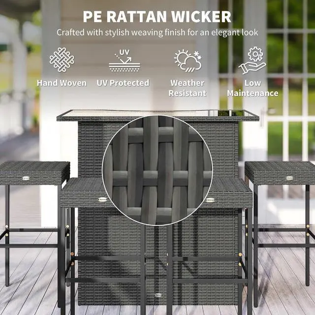 Alt view image 4 of 7 - 5 Piece Wicker Outdoor Bar Set with Glass Table Top Dark Gray | High Top Outdoor Table and Chairs, Height Patio Set, 2 Tier Storage Shelf, 4 Bar Stools, for Garden, Poolside